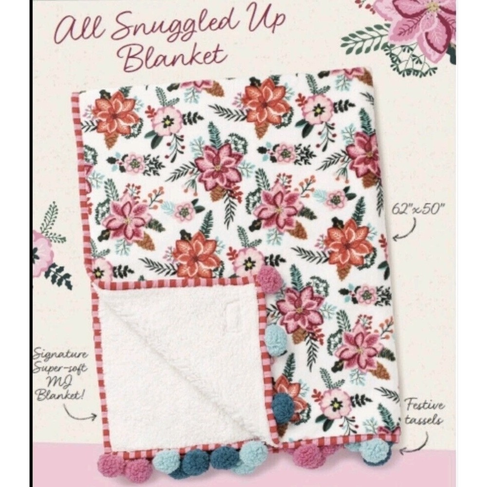 Matilda Jane All Snuggled Up Blanket Soft Fleece Floral Pom Pom NEW IN BAG